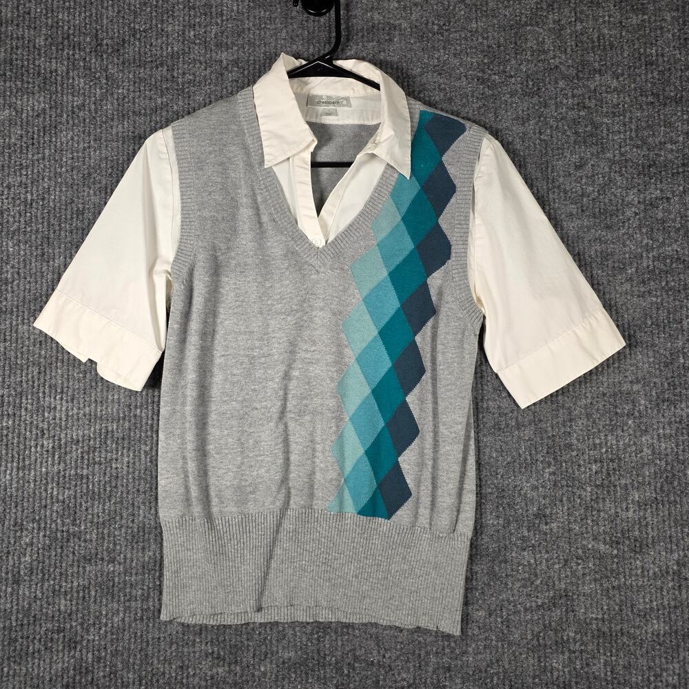 Dressbarn Layered Argyle Sweater Blouse Top Womens Large Preppy Short Sleeve